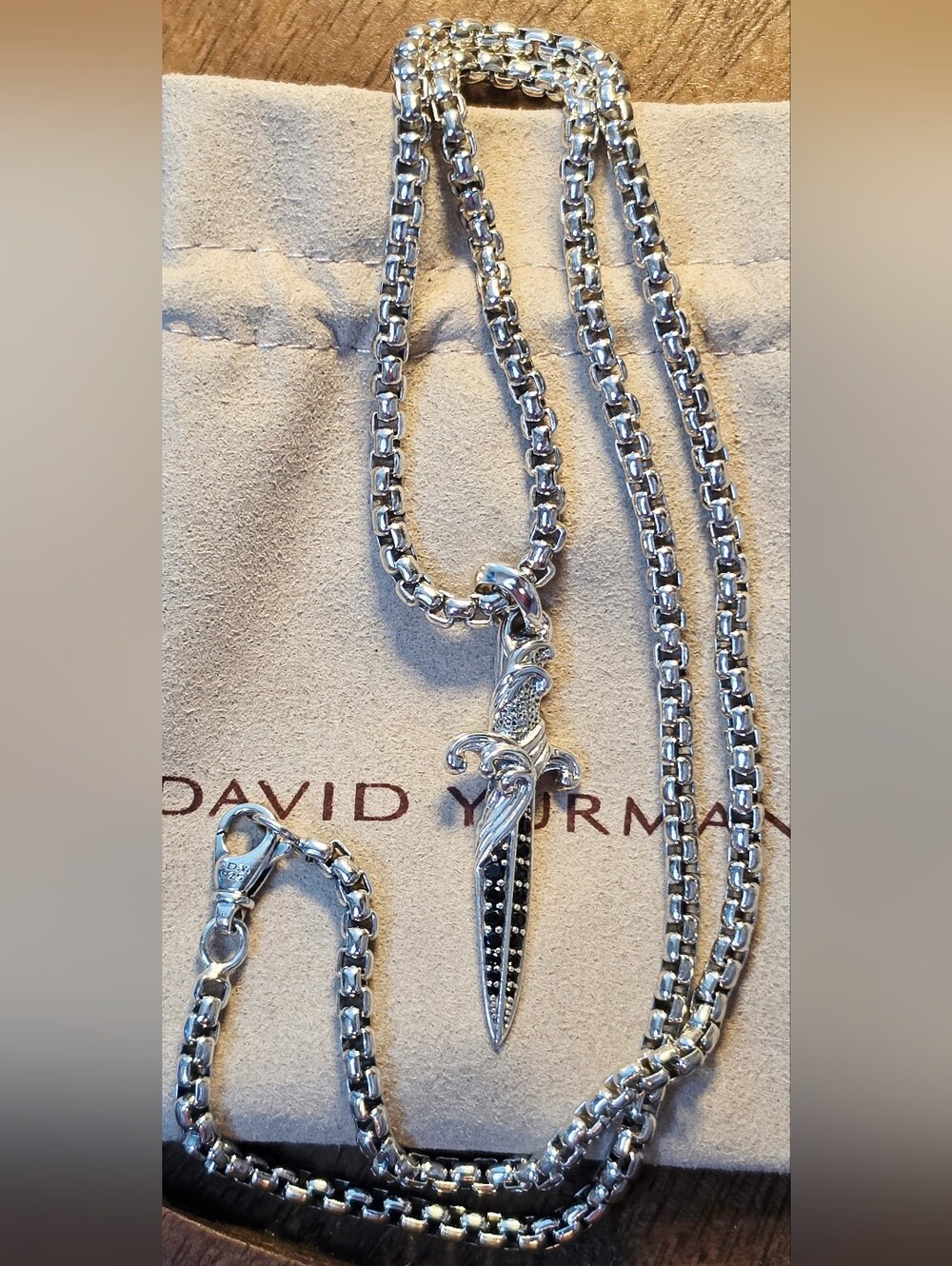 David Yurman Sterling Silver Dagger Necklace with Black Pave Diamonds